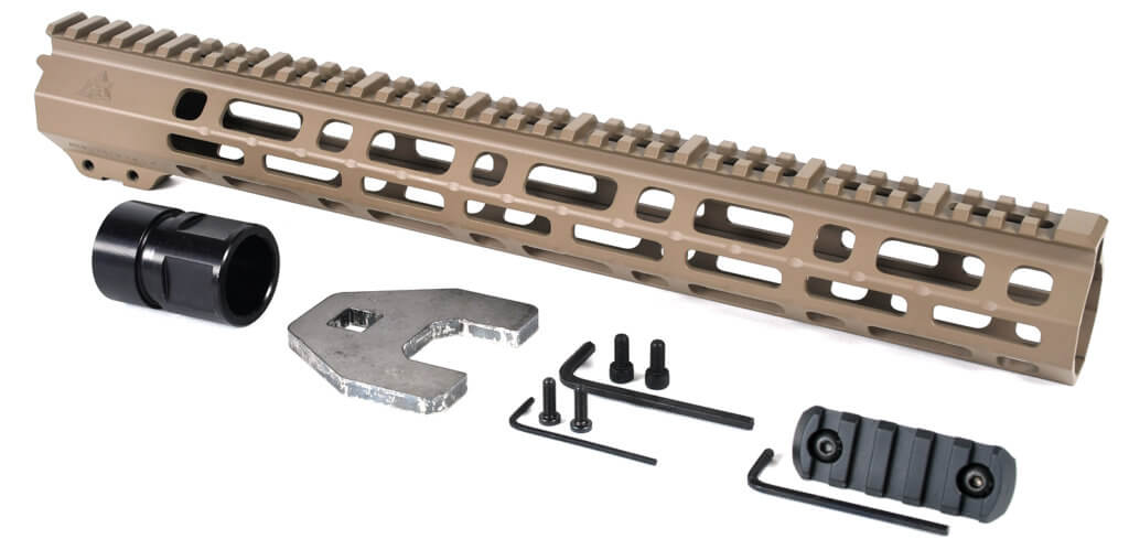 AT3 Tactical Spear M-LOK Free Float Handguard Flat Dark Earth 15 Inch with Barrel Nut, 5 Slot Rail, and Hardware