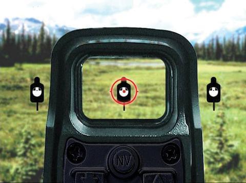 EOTech holographic red dot sight reticle on target